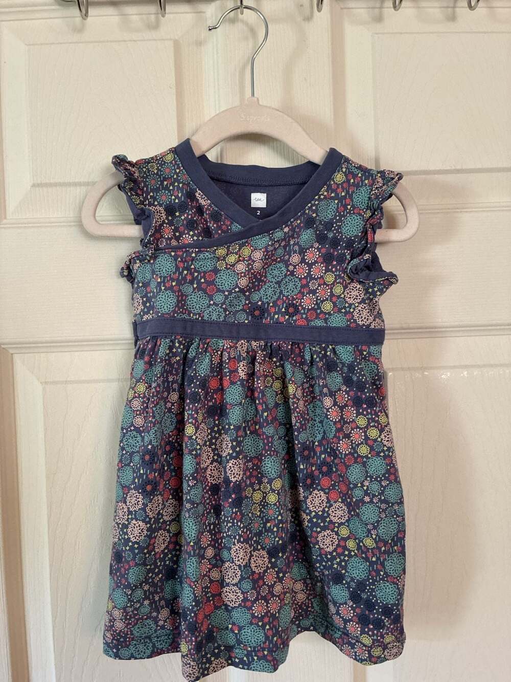 Tea Collection Toddler Girls Blue Floral Print Ruffle Sleeve Wrap Dress Size 2
